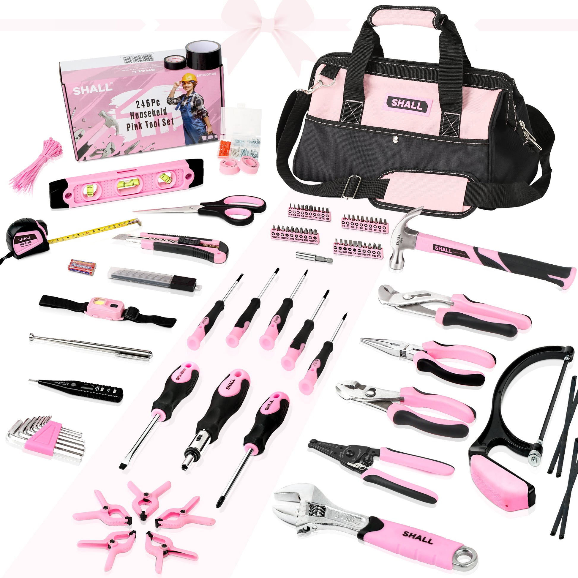 SHALL 246-Piece Pink Tool Set for Home, Pink Tool Sets for Women with Large Tool Bag Organizer