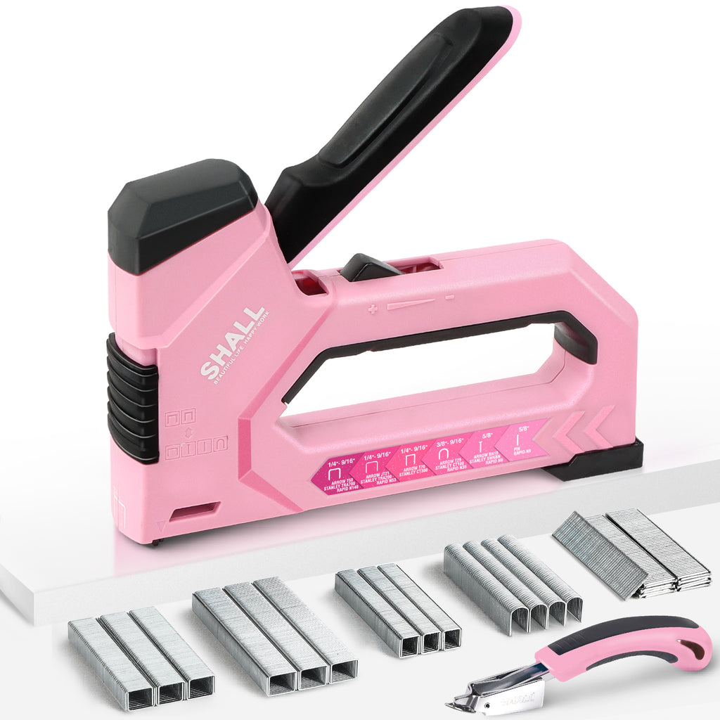 SHALL 6-in-1 Staple Gun Heavy Duty - Pink Upholstery Stapler Nail Gun with 4000 Counts Staples, Women Manual Brad Nailer with Stapler Remover for Wood, Crafts, Fabric, Decoration, Carpentry, Furniture