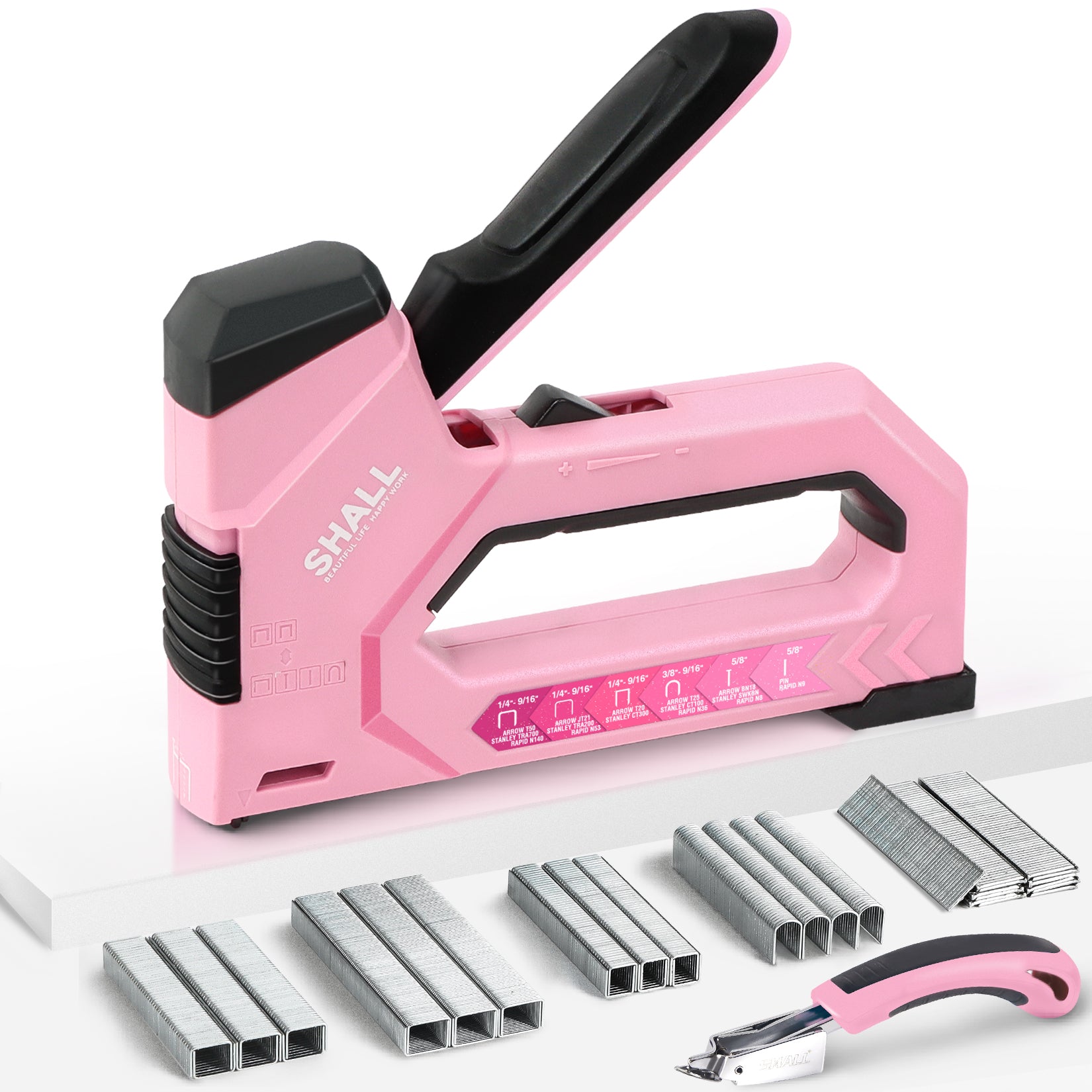 SHALL 6-in-1 Staple Gun Heavy Duty - Pink Upholstery Stapler Nail Gun with 4000 Counts Staples, Women Manual Brad Nailer with Stapler Remover for Wood, Crafts, Fabric, Decoration, Carpentry, Furniture