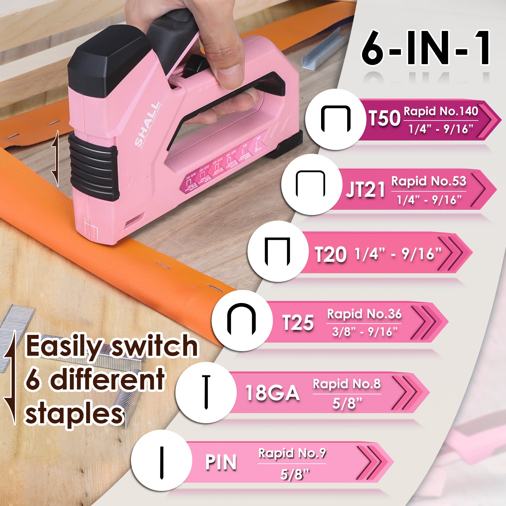 SHALL 6-in-1 Staple Gun Heavy Duty - Pink Upholstery Stapler Nail Gun with 4000 Counts Staples, Women Manual Brad Nailer with Stapler Remover for Wood, Crafts, Fabric, Decoration, Carpentry, Furniture