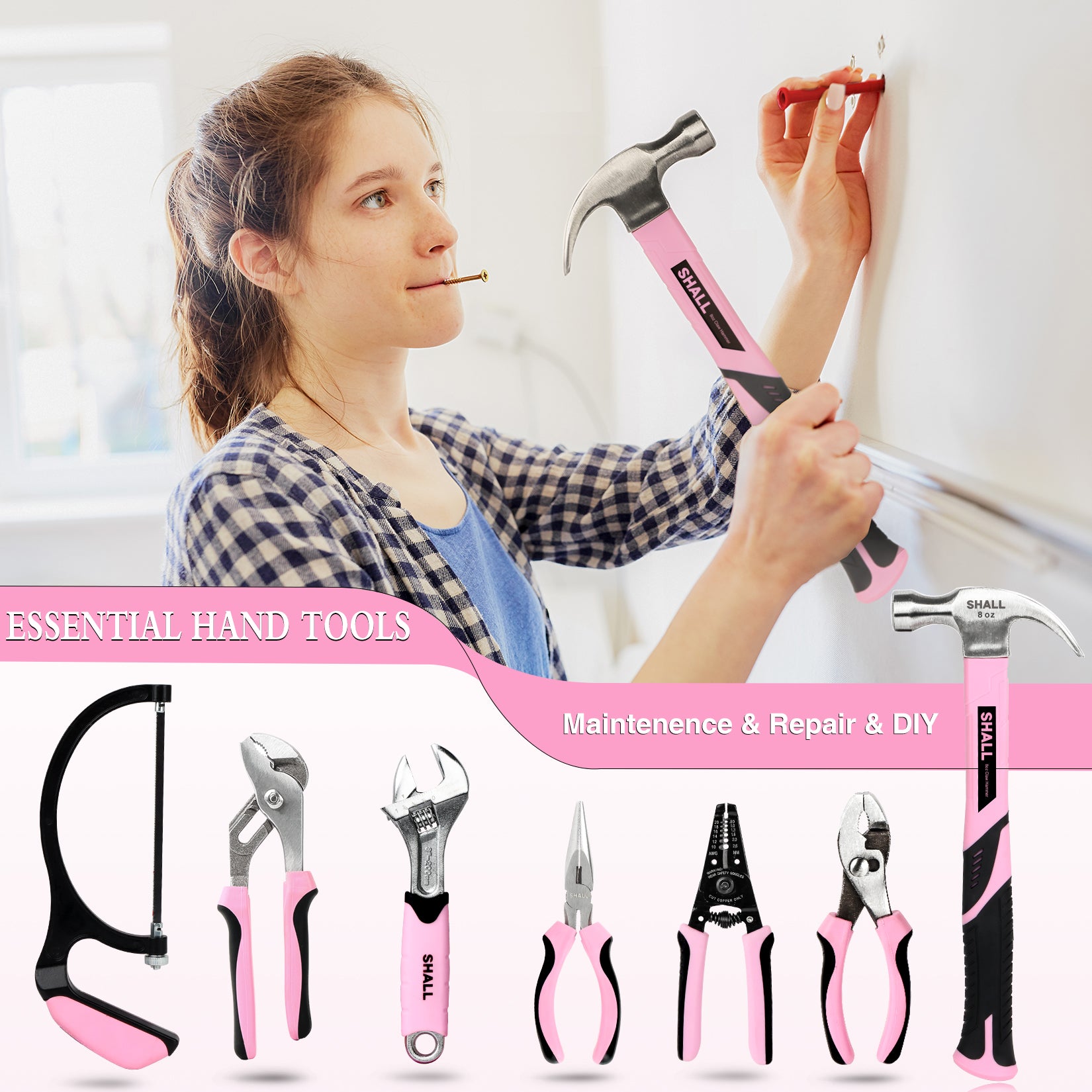 SHALL 246-Piece Pink Tool Set for Home, Pink Tool Sets for Women with Large Tool Bag Organizer