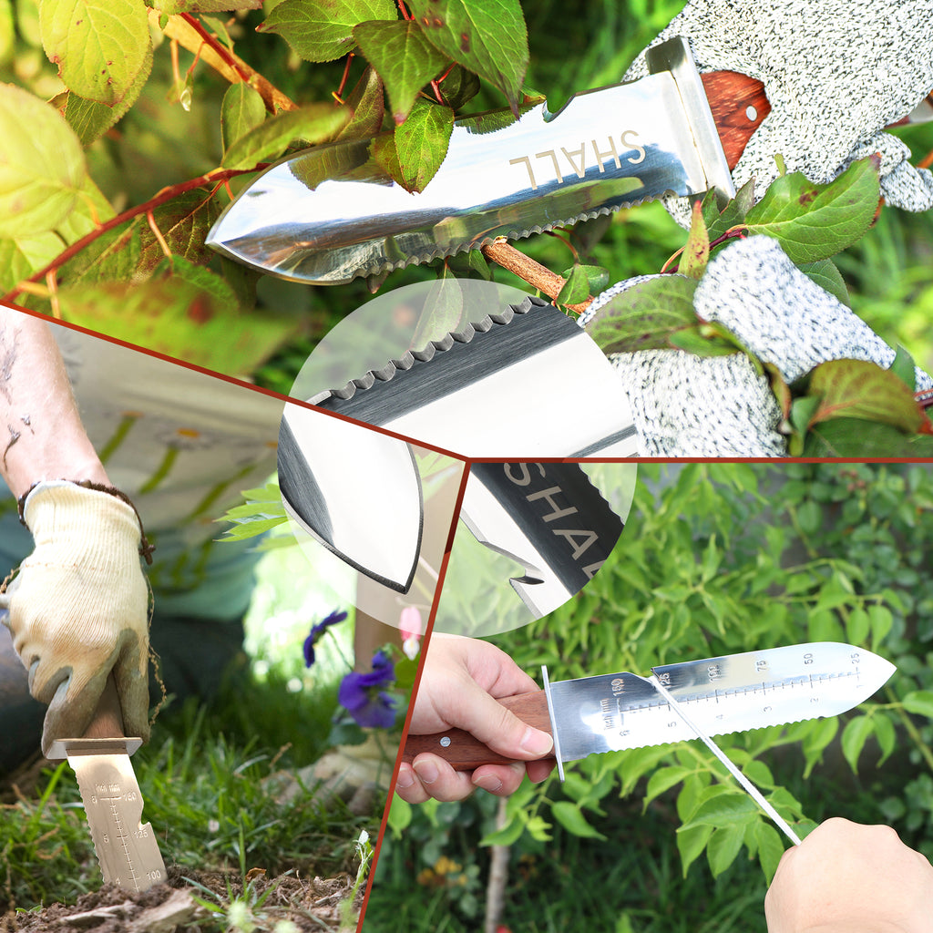 SHALL Hori Hori Garden Knife for Gardening, Full Tang Hori Hori Knife with Sheath & Hide Rope, 7” Stainless Steel Blade with Cutting Edge for Weed, Rope, Plants