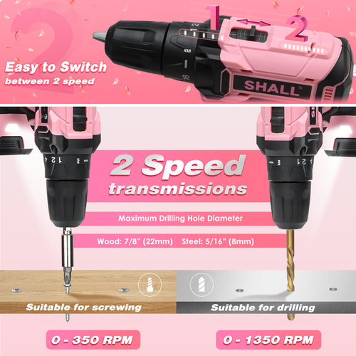 SHALL 20V Cordless Drill Set, Power Drill Cordless, Pink Electric Drill with 34pcs Drill Bit Set