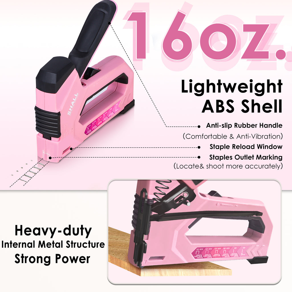 SHALL 6-in-1 Staple Gun Heavy Duty - Pink Upholstery Stapler Nail Gun with 4000 Counts Staples, Women Manual Brad Nailer with Stapler Remover for Wood, Crafts, Fabric, Decoration, Carpentry, Furniture