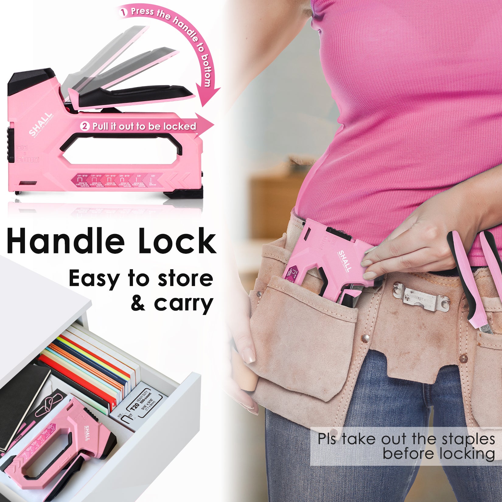 SHALL 6-in-1 Staple Gun Heavy Duty - Pink Upholstery Stapler Nail Gun with 4000 Counts Staples, Women Manual Brad Nailer with Stapler Remover for Wood, Crafts, Fabric, Decoration, Carpentry, Furniture