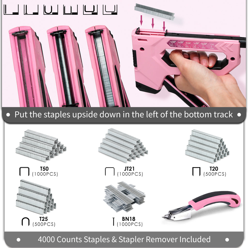 SHALL 6-in-1 Staple Gun Heavy Duty - Pink Upholstery Stapler Nail Gun with 4000 Counts Staples, Women Manual Brad Nailer with Stapler Remover for Wood, Crafts, Fabric, Decoration, Carpentry, Furniture
