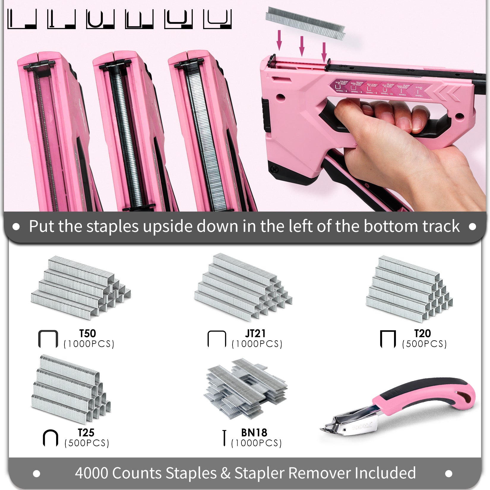 SHALL 6-in-1 Staple Gun Heavy Duty - Pink Upholstery Stapler Nail Gun with 4000 Counts Staples, Women Manual Brad Nailer with Stapler Remover for Wood, Crafts, Fabric, Decoration, Carpentry, Furniture