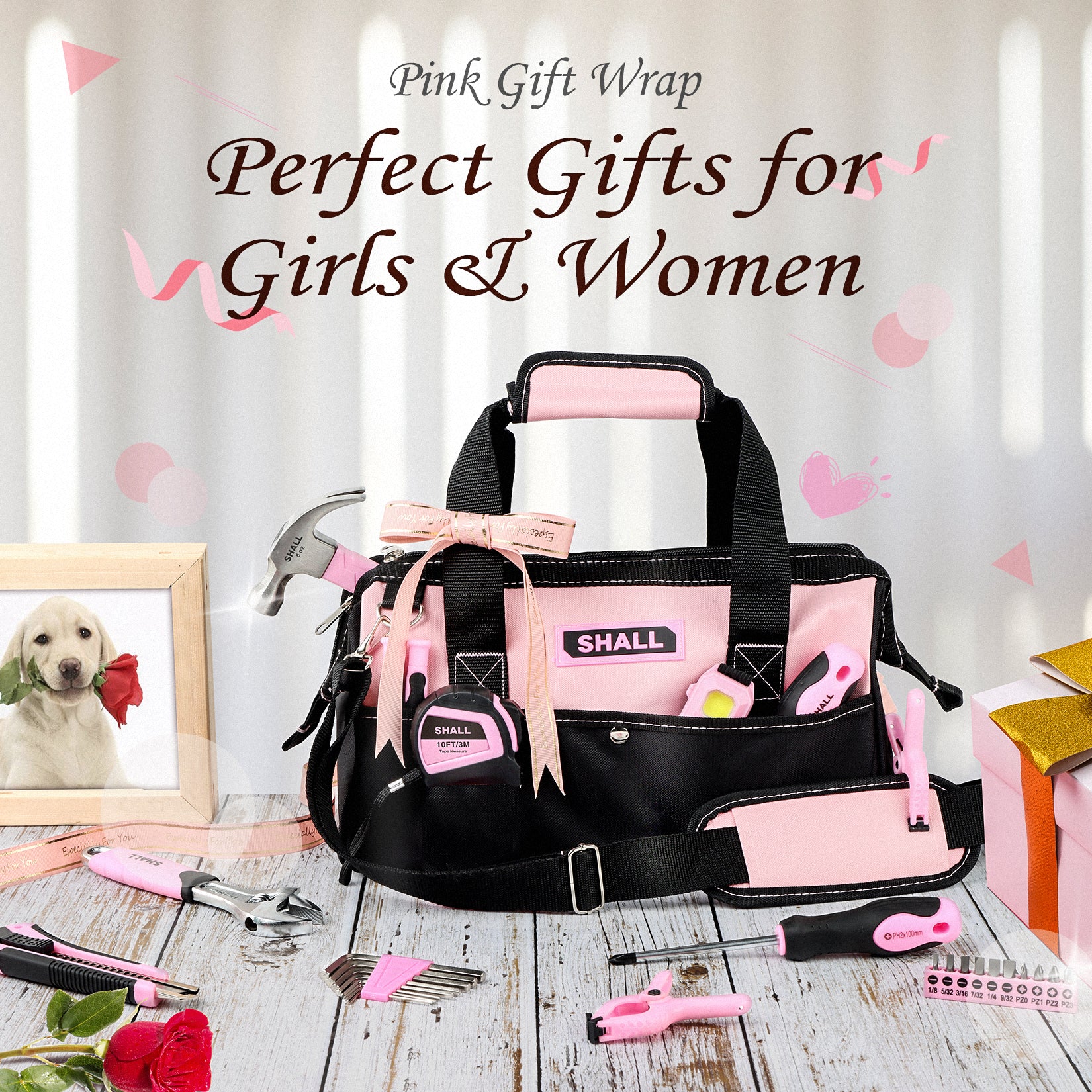 SHALL 246-Piece Pink Tool Set for Home, Pink Tool Sets for Women with Large Tool Bag Organizer