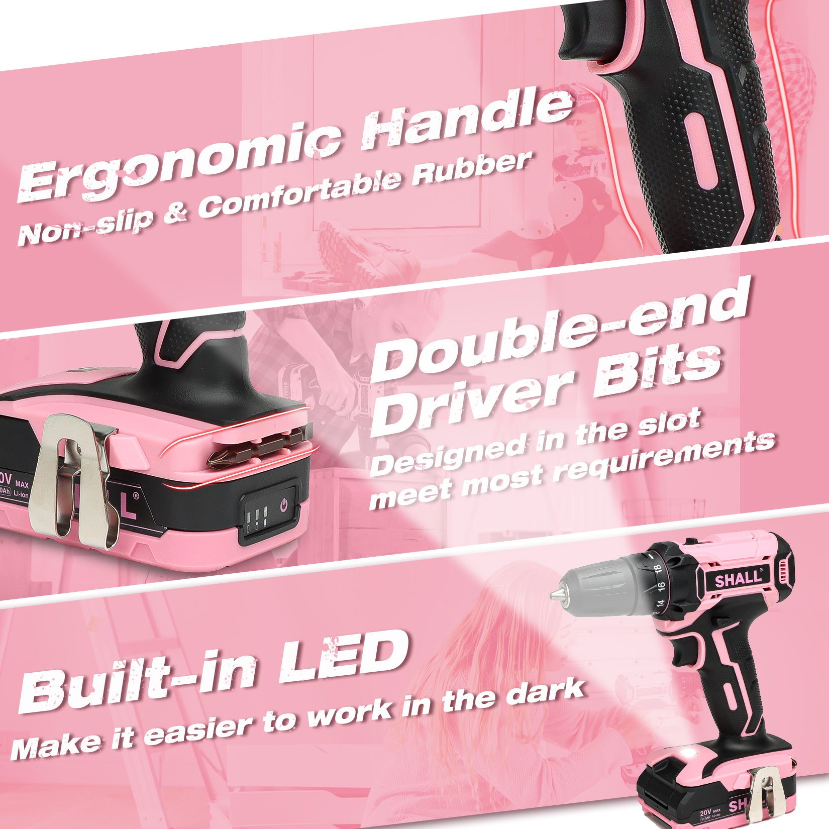 SHALL 20V Cordless Drill Set, Power Drill Cordless, Pink Electric Drill with 34pcs Drill Bit Set