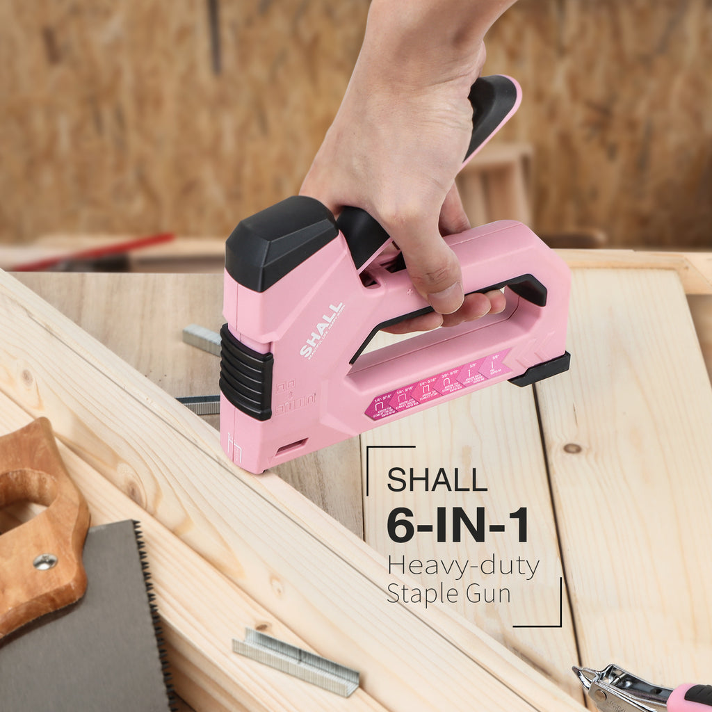 SHALL 6-in-1 Staple Gun Heavy Duty - Pink Upholstery Stapler Nail Gun with 4000 Counts Staples, Women Manual Brad Nailer with Stapler Remover for Wood, Crafts, Fabric, Decoration, Carpentry, Furniture