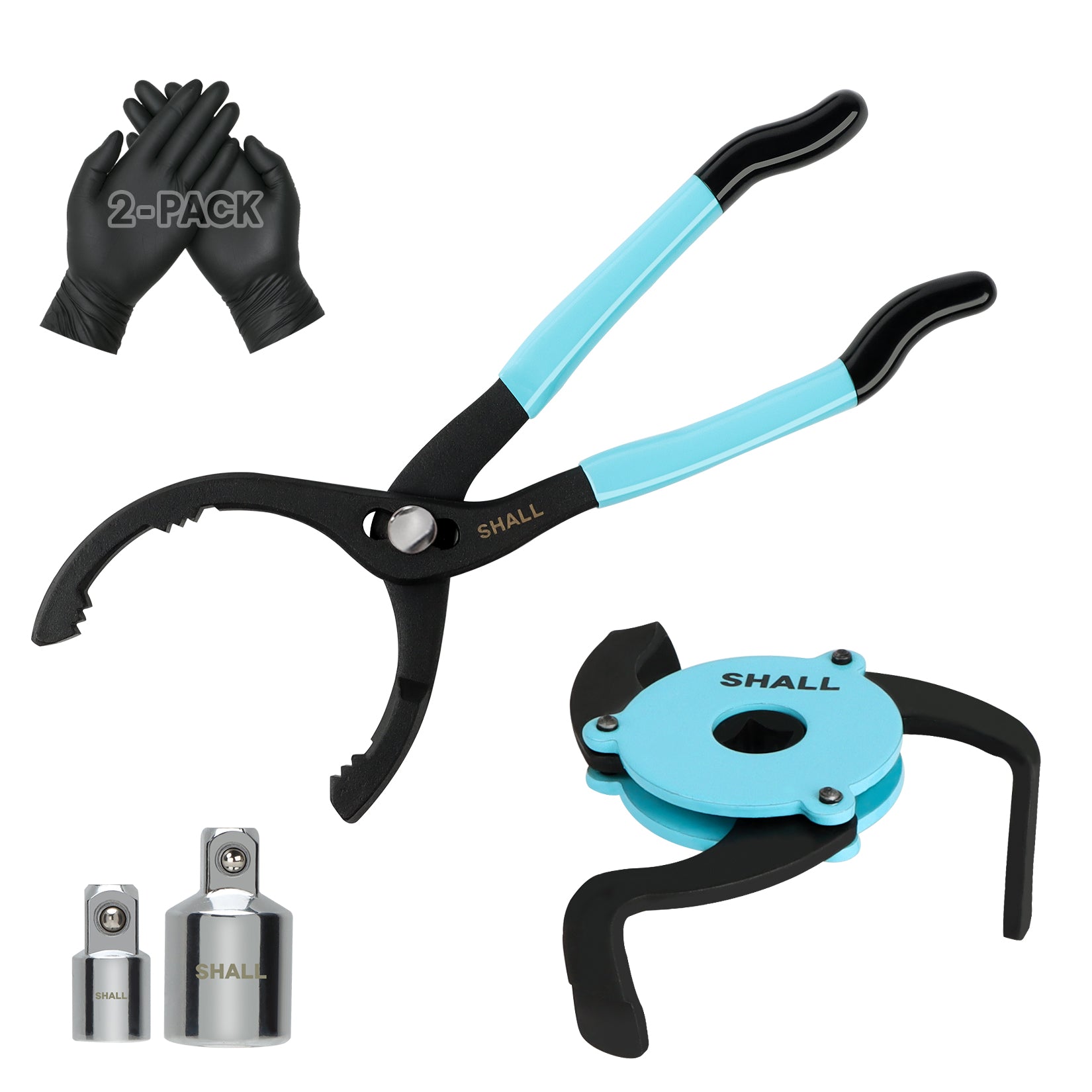 SHALL 4-Piece Oil Filter Removal Tool, Universal 3-Jaw Oil Filter Wrench, 12 Inch Adjustable Metal Oil Filter Pliers, 2-Piece Adapters & PVC Gloves Included, for Cars, Motorcycles