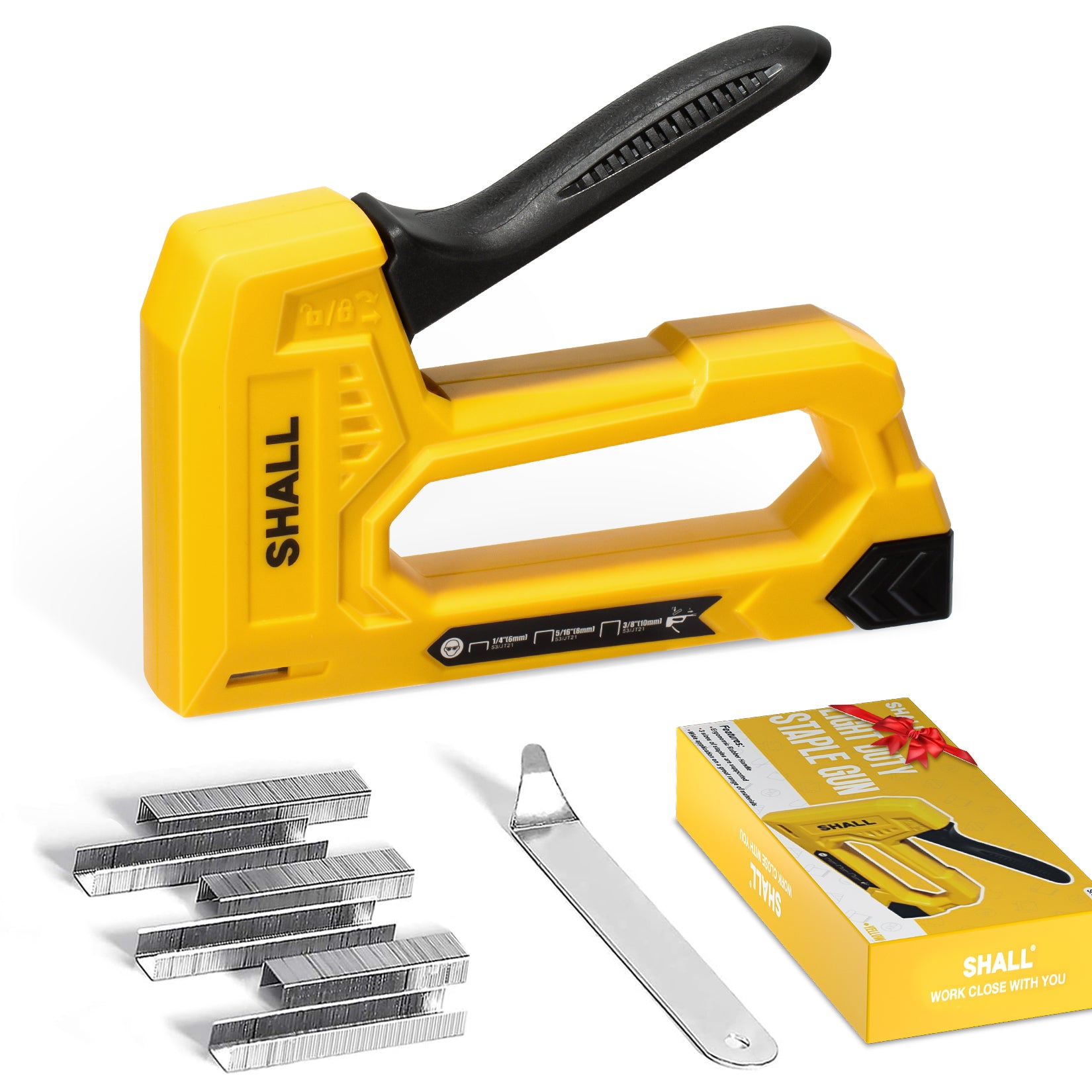 SHALL Light Duty Staple Gun for Wood - Yellow Upholstery Staple Gun with 1600pcs JT21 Staples 1/4, 5/16, 3/8 inch and Staple Remover - Fabric Stapler Gun for Crafts, DIY, Decoration
