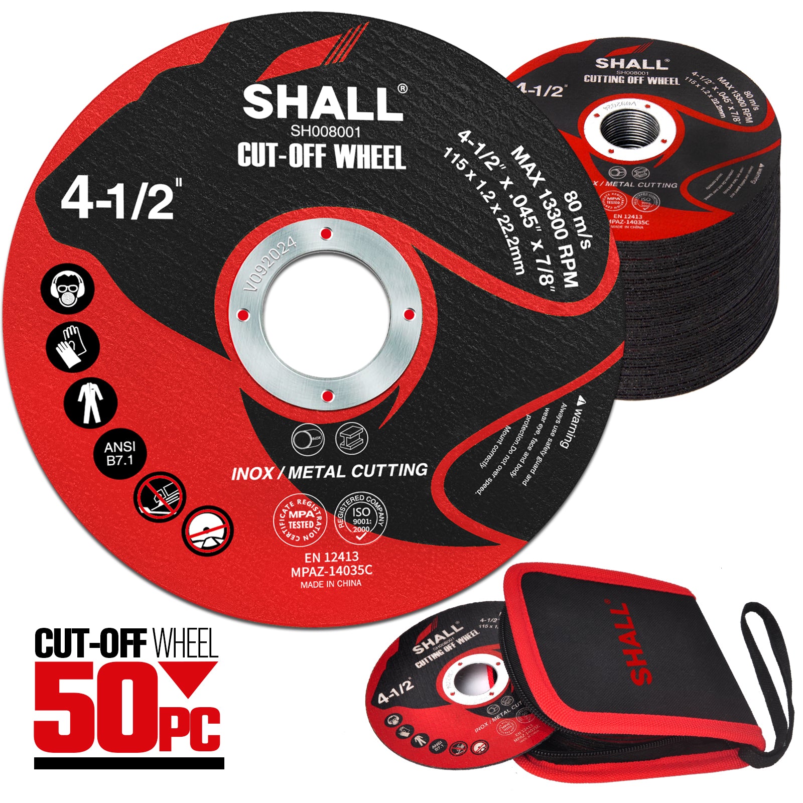 SHALL 50-Pack Cut Off Wheels 4 1/2 x 7/8 Inch, Cutting Wheel with Pouch for Angle Grinder, 4.5” Metal & Stainless Steel Fast Cutting Disc, Grinder Wheel for General Purpose Metal Cutting