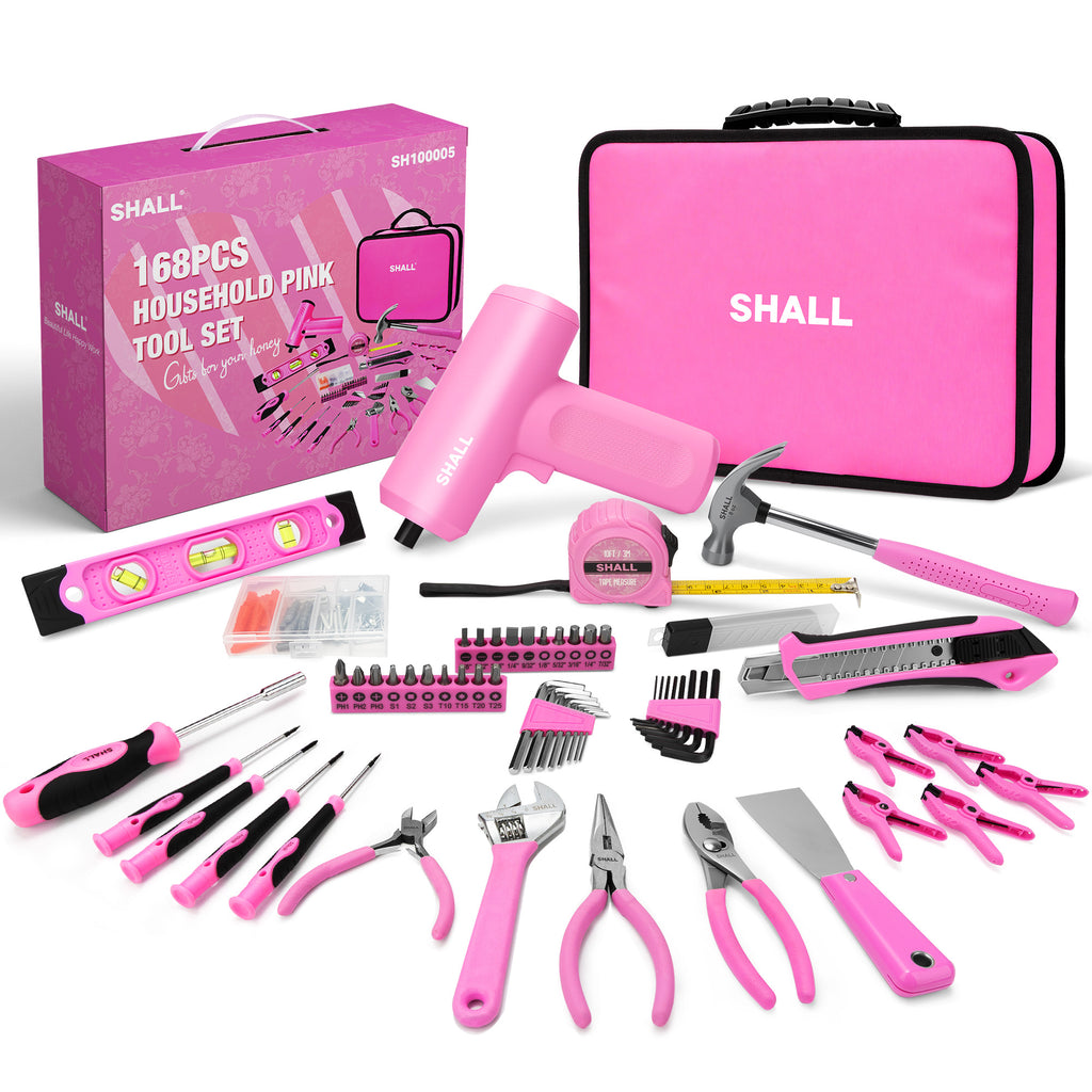 SHALL Pink Tool Set for Home, 168pcs Power Tool Set for Women with Electric Screwdriver & 14" Large Tool Bag Organizer