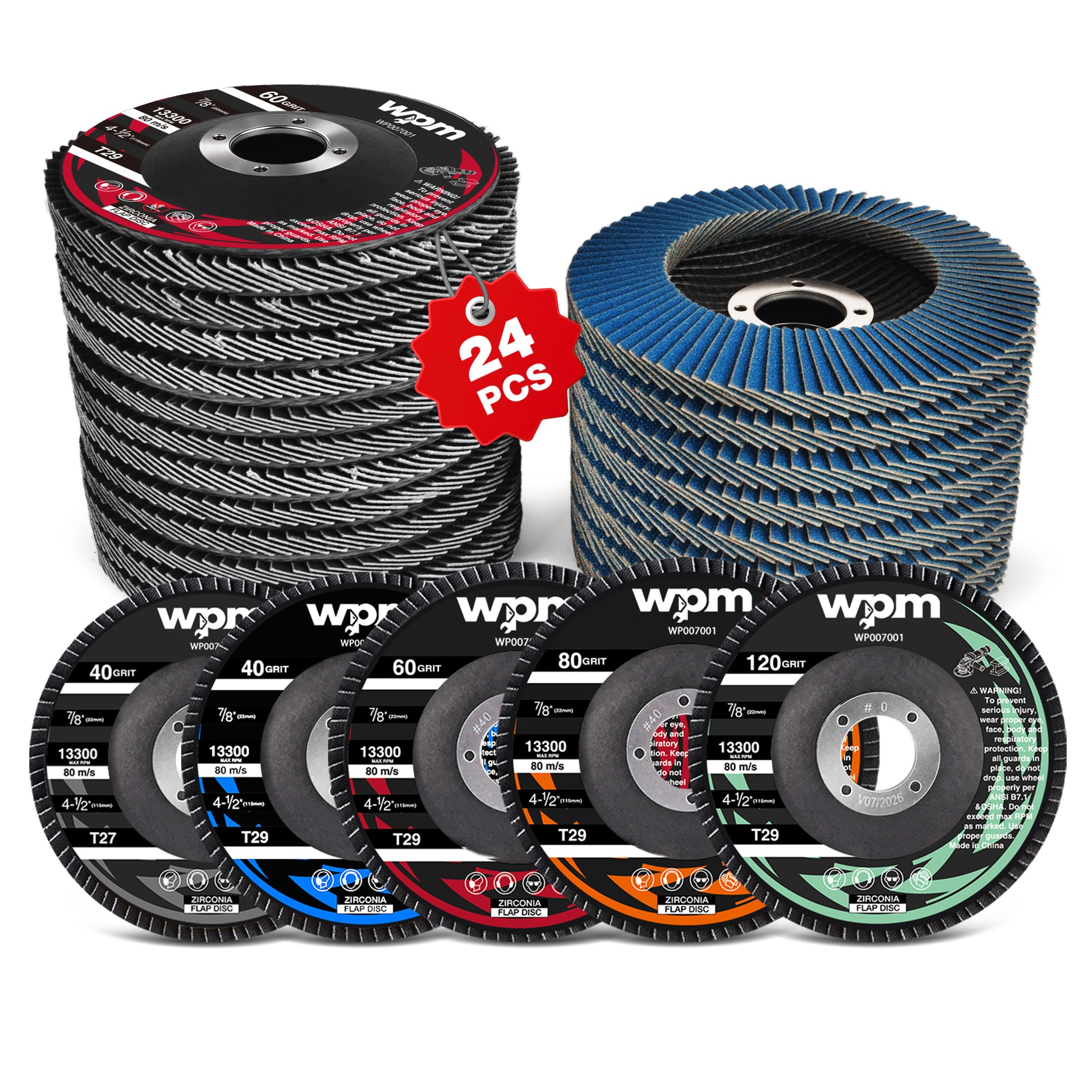 WPM 24-Pack Flap Disc, 4-1/2" x 7/8", Zirconia Grinding Wheel 40/60/80/120 Grit T29 & 40 Grit T27 Angle Grinder Abrasive Sanding Disc with Etched Grit Number Indication, 80pcs Emery Cloth Per Disc