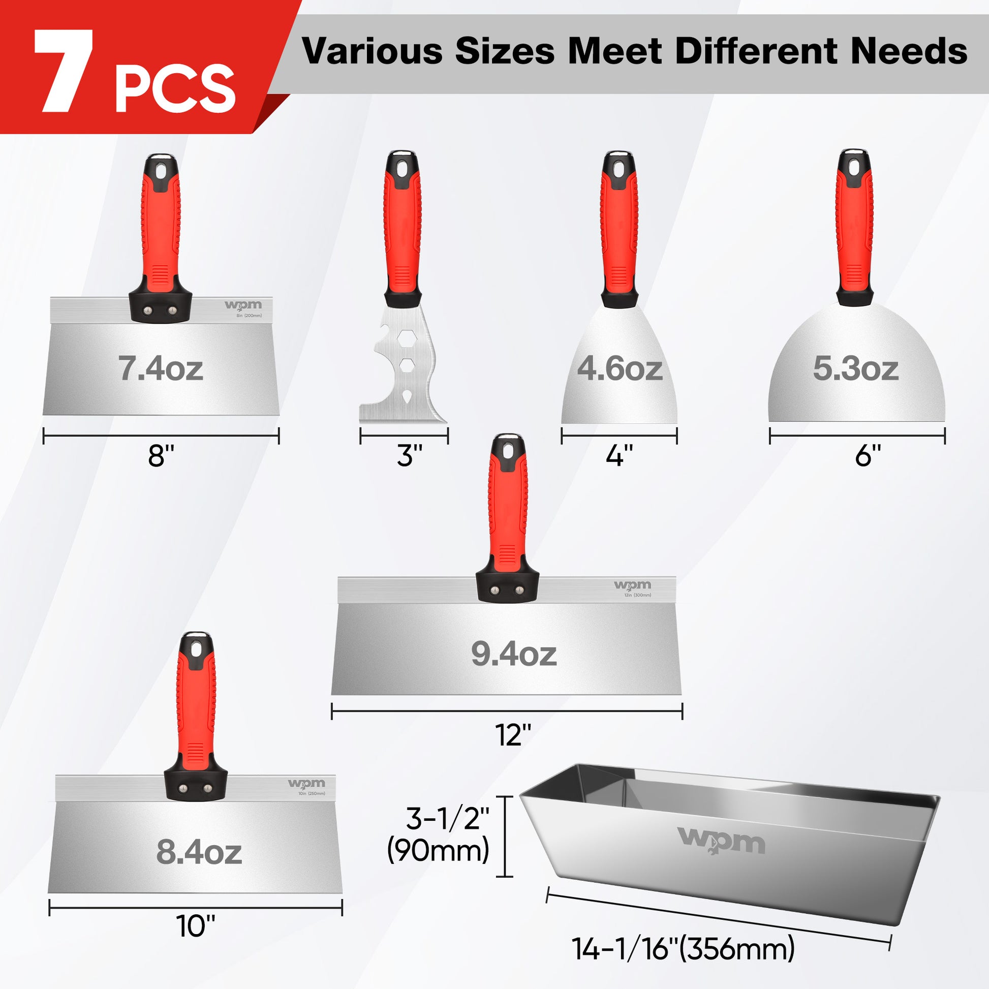 WPM Drywall Tool Kit, 7 Pcs Stainless Steel Set Includes Putty Knife, Taping Knife, Painter Scraper Tool & 12" Mud Pan for Joint Taping, Finishing, Patching