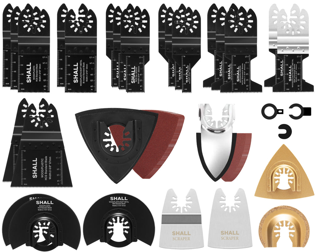 SHALL 102PCS Multitool Blades, Oscillating Multi Tool Accessories kits, HCS & Bi-Metal Blades, Sanding Pad, Sandpaper, Scraper, Carbide Grit Rasp, Dremel/Bosch/C-Clip Adapter, Storage Case Included