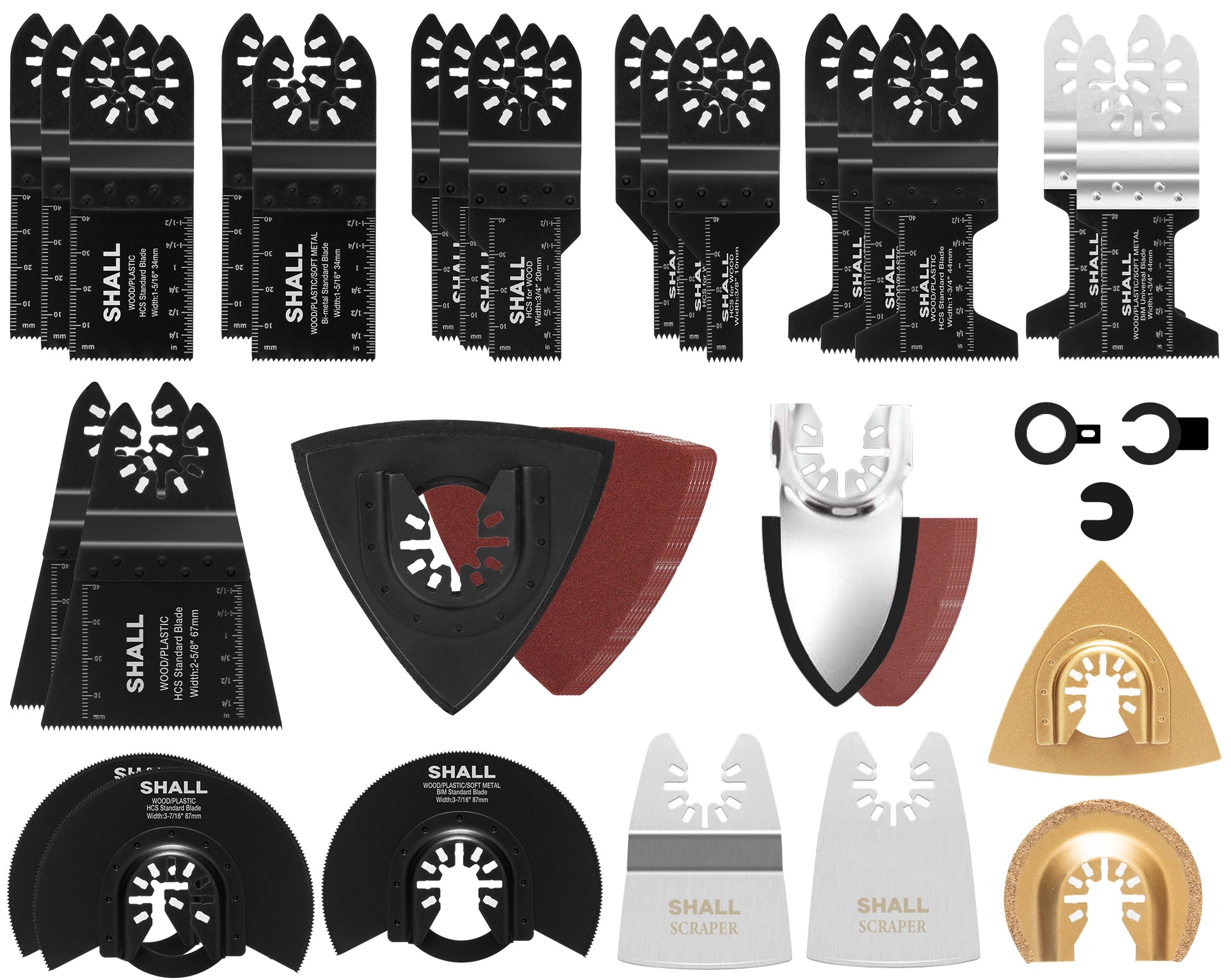 SHALL 102PCS Multitool Blades, Oscillating Multi Tool Accessories kits, HCS & Bi-Metal Blades, Sanding Pad, Sandpaper, Scraper, Carbide Grit Rasp, Dremel/Bosch/C-Clip Adapter, Storage Case Included