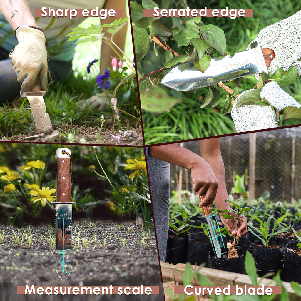 SHALL Hori Hori Garden Knife for Gardening, Full Tang Hori Hori Knife with Sheath & Hide Rope, 7” Stainless Steel Blade with Cutting Edge for Weed, Rope, Plants