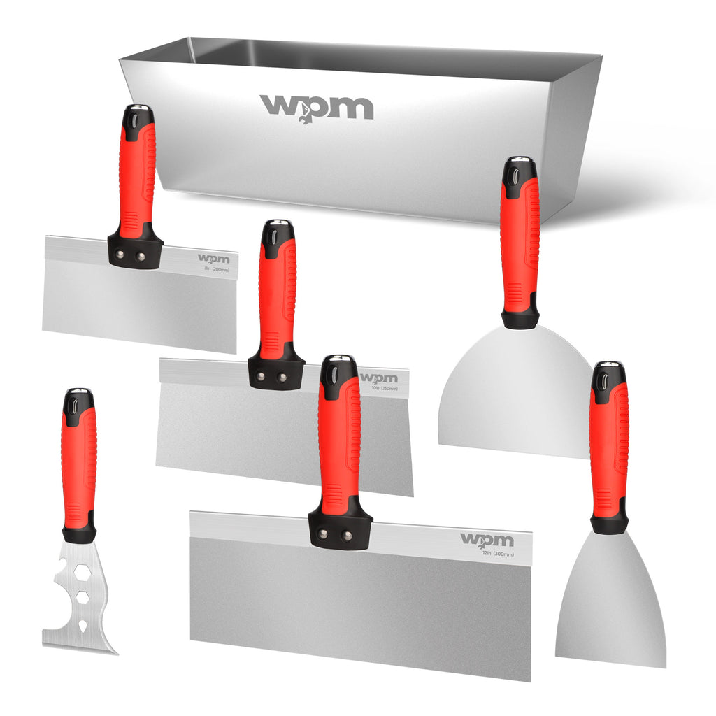 WPM Drywall Tool Kit, 7 Pcs Stainless Steel Set Includes Putty Knife, Taping Knife, Painter Scraper Tool & 12" Mud Pan for Joint Taping, Finishing, Patching