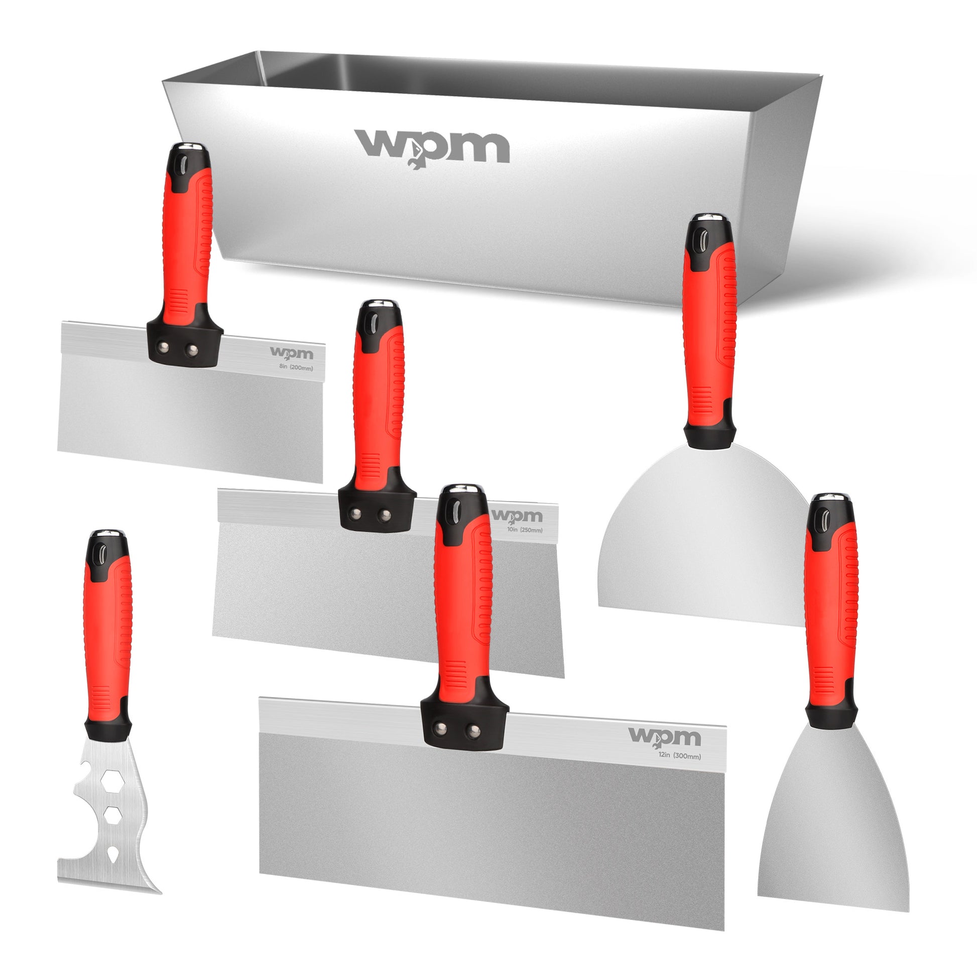 WPM Drywall Tool Kit, 7 Pcs Stainless Steel Set Includes Putty Knife, Taping Knife, Painter Scraper Tool & 12" Mud Pan for Joint Taping, Finishing, Patching