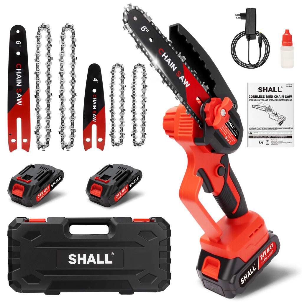 SHALL Mini Chainsaw Cordless 6 Inch & 4 Inch, 24V Portable Electric Chainsaw, Handheld ChainSaw 2 Batteries 4 Chains for Tree Branches,Courtyard,Household and Garden