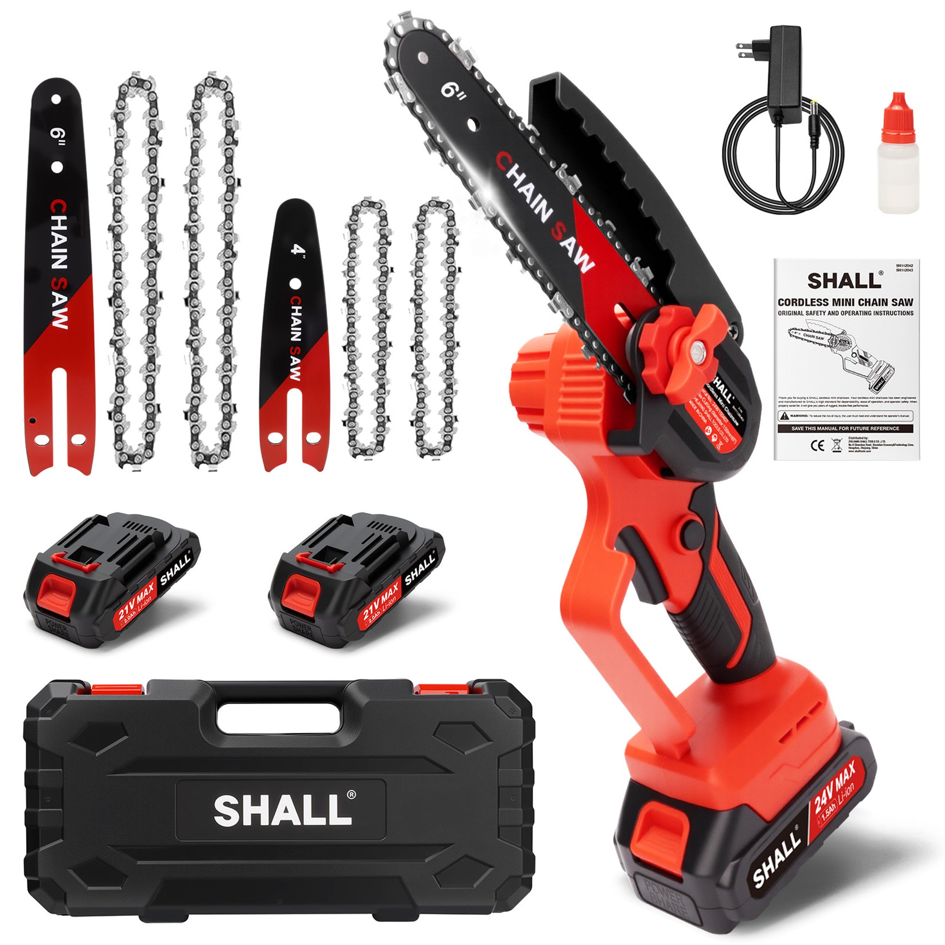 SHALL Mini Chainsaw Cordless 6 Inch & 4 Inch, 24V Portable Electric Chainsaw, Handheld ChainSaw 2 Batteries 4 Chains for Tree Branches,Courtyard,Household and Garden