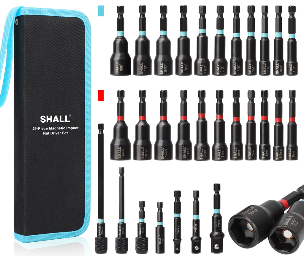 SHALL 29PCS Magnetic Nut Driver Set, Impact Drill Driver Bit 1/4" Hex Shank, SAE & Metric Cr-V Steel Power Nut Drivers with Quick-release Extensions, Impact Socket Adapters, Bit Holder and Storage Bag