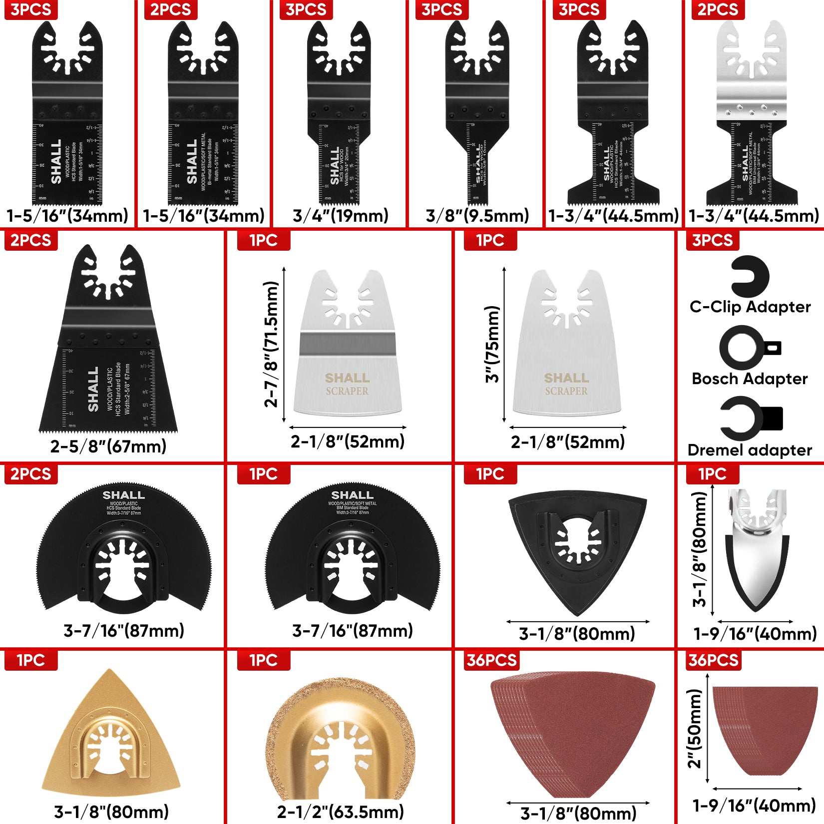 SHALL 102PCS Multitool Blades, Oscillating Multi Tool Accessories kits, HCS & Bi-Metal Blades, Sanding Pad, Sandpaper, Scraper, Carbide Grit Rasp, Dremel/Bosch/C-Clip Adapter, Storage Case Included