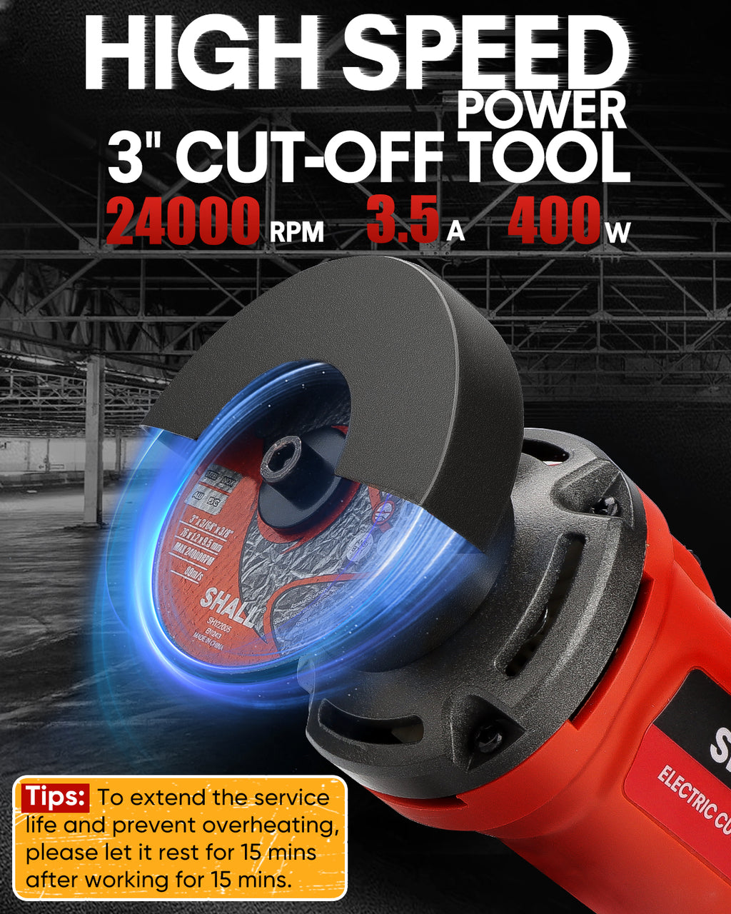 SHALL 3 Inch High-Speed Cut Off Tool, 3.5 Amp Metal Cutter Tool with 3Pcs Multifunctional Cut Off Wheels, 24000RPM Electricl Metal Cutting Tools for Steel, Inox, PVC