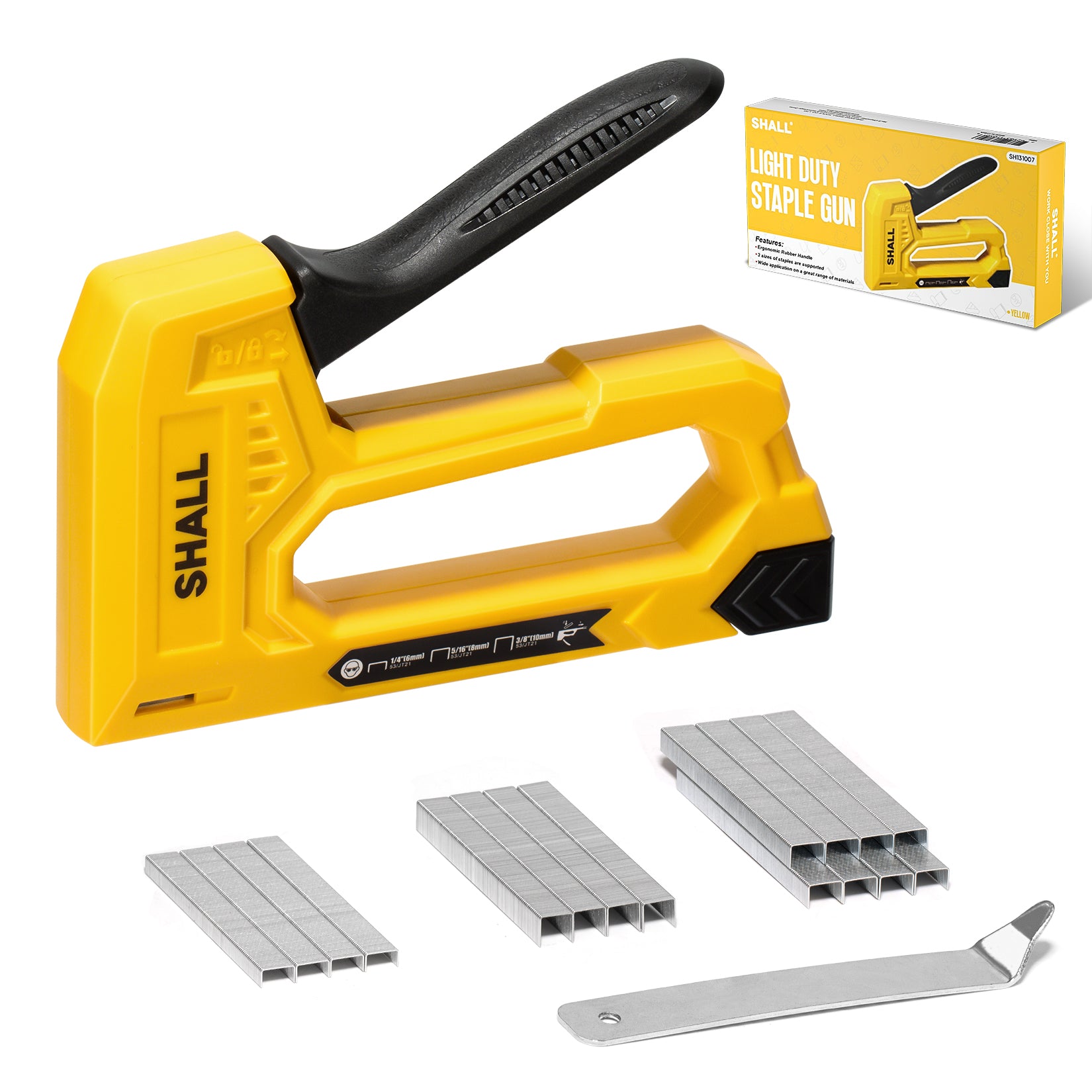 SHALL Light Duty Staple Gun for Wood - Yellow Upholstery Staple Gun with 1600pcs JT21 Staples 1/4, 5/16, 3/8 inch and Staple Remover - Fabric Stapler Gun for Crafts, DIY, Decoration