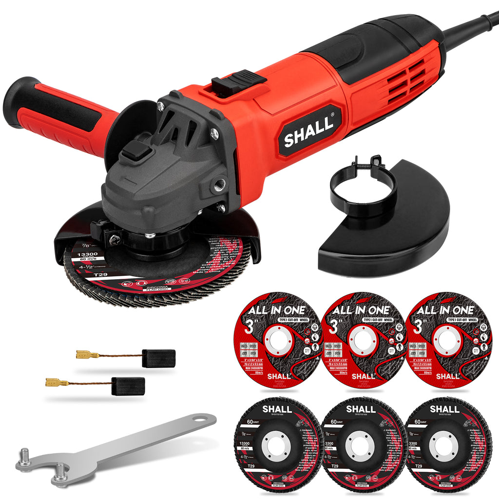 SHALL 4-1/2 Inch 11000 RPM Angle Grinder 4Amp with 2 Guards, 3 Cutting Discs, 3 Grinding Wheel, Non-Slip Handle, Wrench and Carbon Brush for Metal and Wood