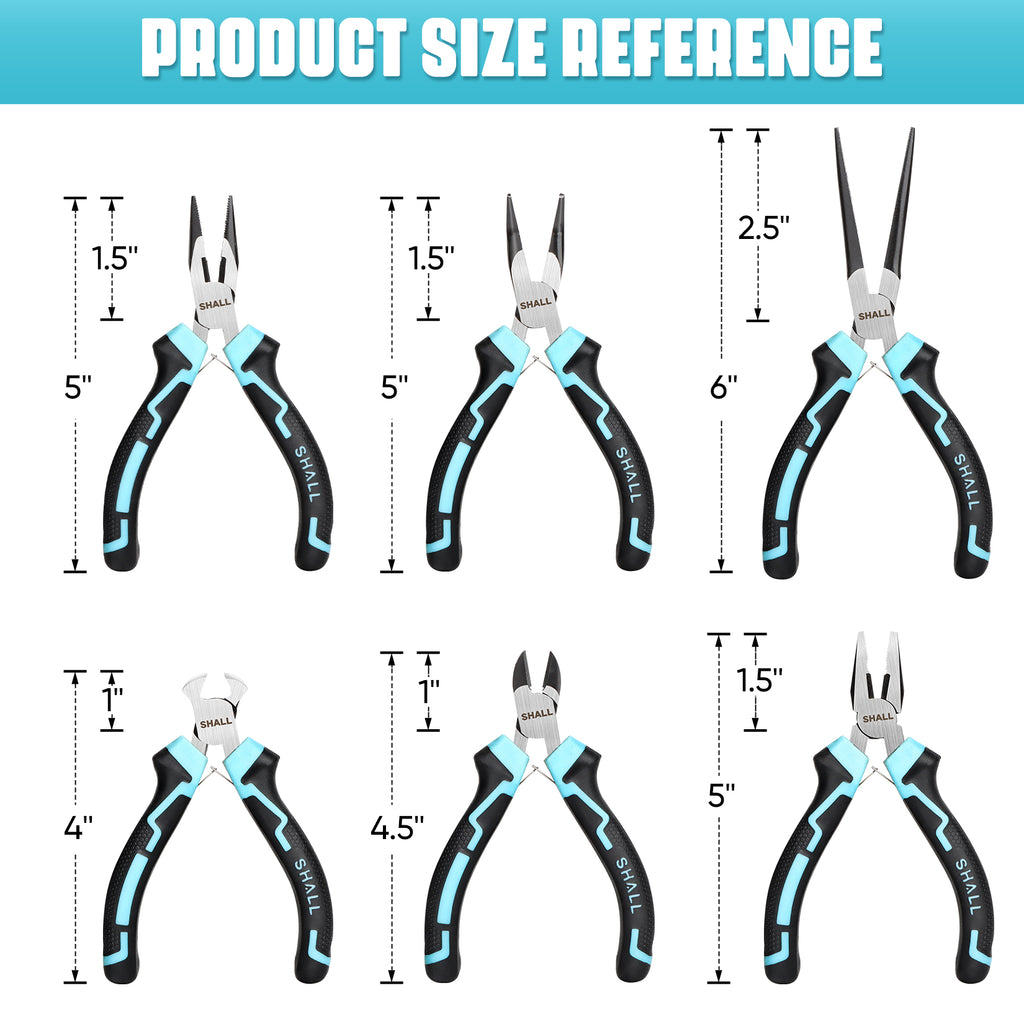 SHALL Mini Pliers Set, 6-Piece Small Pliers Tool Set Includes Needle Nose, Long Nose, Bent Nose, Diagonal, End Cutting and Linesman for Making Crafts, Electronic Repairing & Jewelry with Pouch