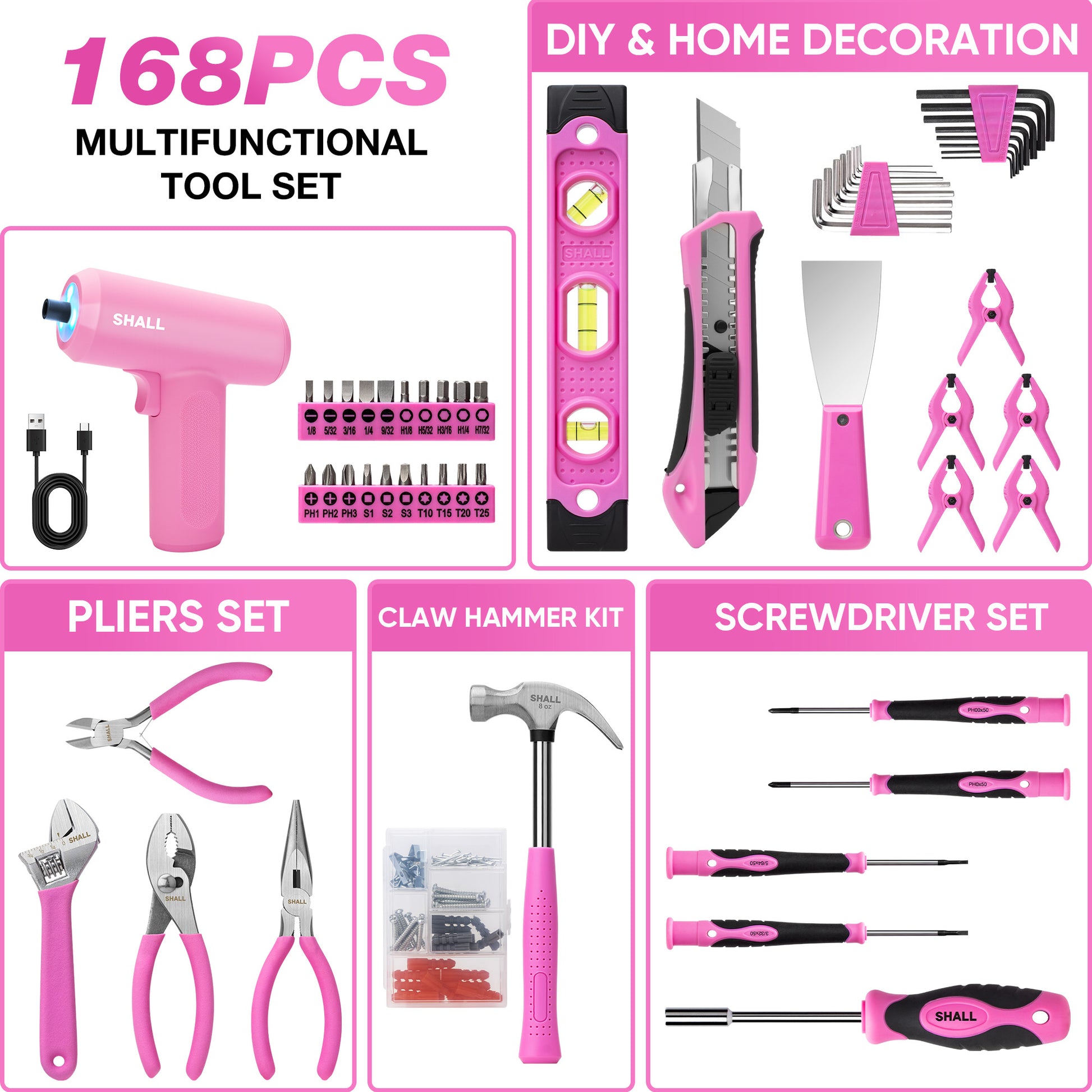 SHALL Pink Tool Set for Home, 168pcs Power Tool Set for Women with Electric Screwdriver & 14" Large Tool Bag Organizer