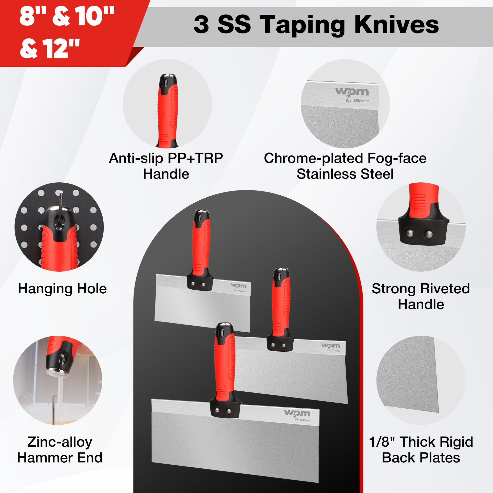 WPM Drywall Tool Kit, 7 Pcs Stainless Steel Set Includes Putty Knife, Taping Knife, Painter Scraper Tool & 12" Mud Pan for Joint Taping, Finishing, Patching