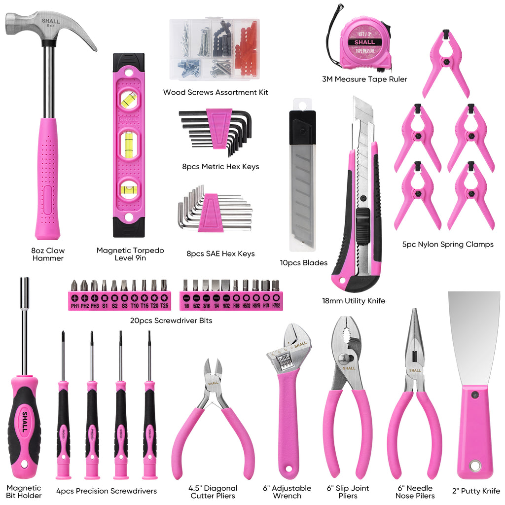 SHALL Pink Tool Set for Women, 166pcs Home Tool Kit with 12" Large Tool Bag Organizer