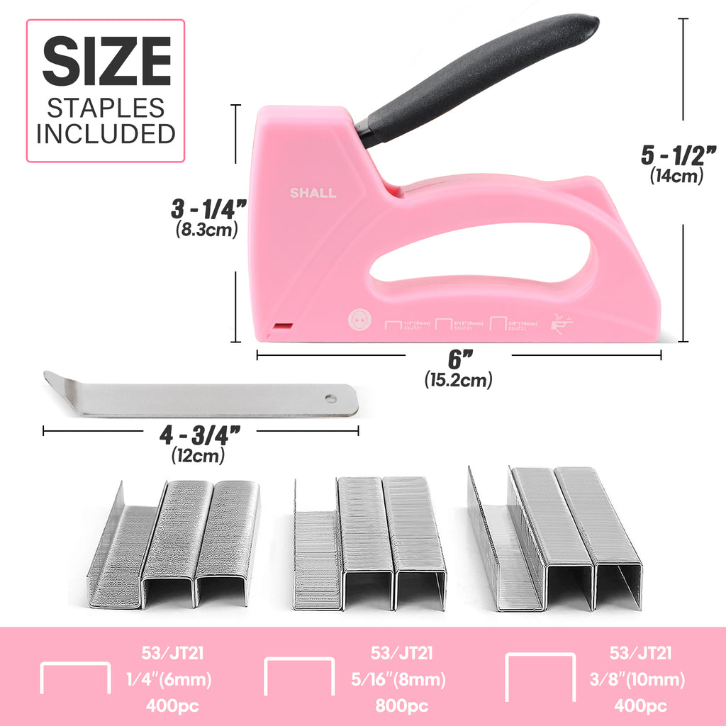 SHALL Light Duty Staple Gun for Wood - Pink Upholstery Staple Gun with 1600pcs JT21 Staples 1/4, 5/16, 3/8 inch and Staple Remover - Women Staple Gun for Crafts, Fabric Stapler Gun for DIY, Decoration