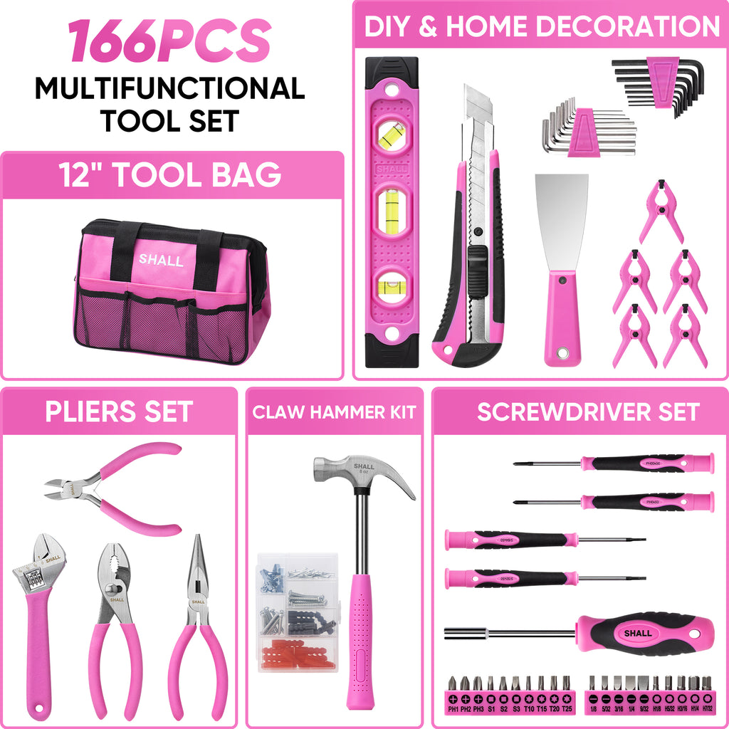 SHALL Pink Tool Set for Women, 166pcs Home Tool Kit with 12" Large Tool Bag Organizer