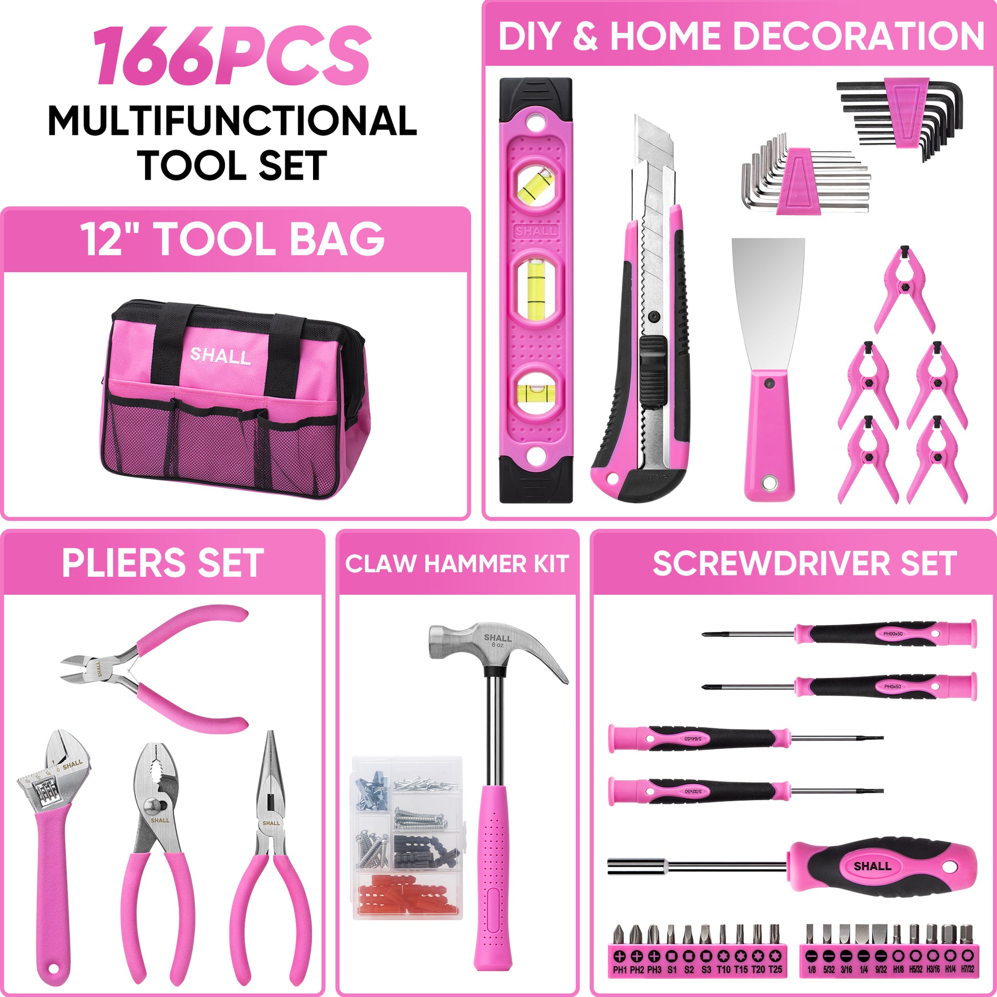SHALL Pink Tool Set for Women, 166pcs Home Tool Kit with 12" Large Tool Bag Organizer