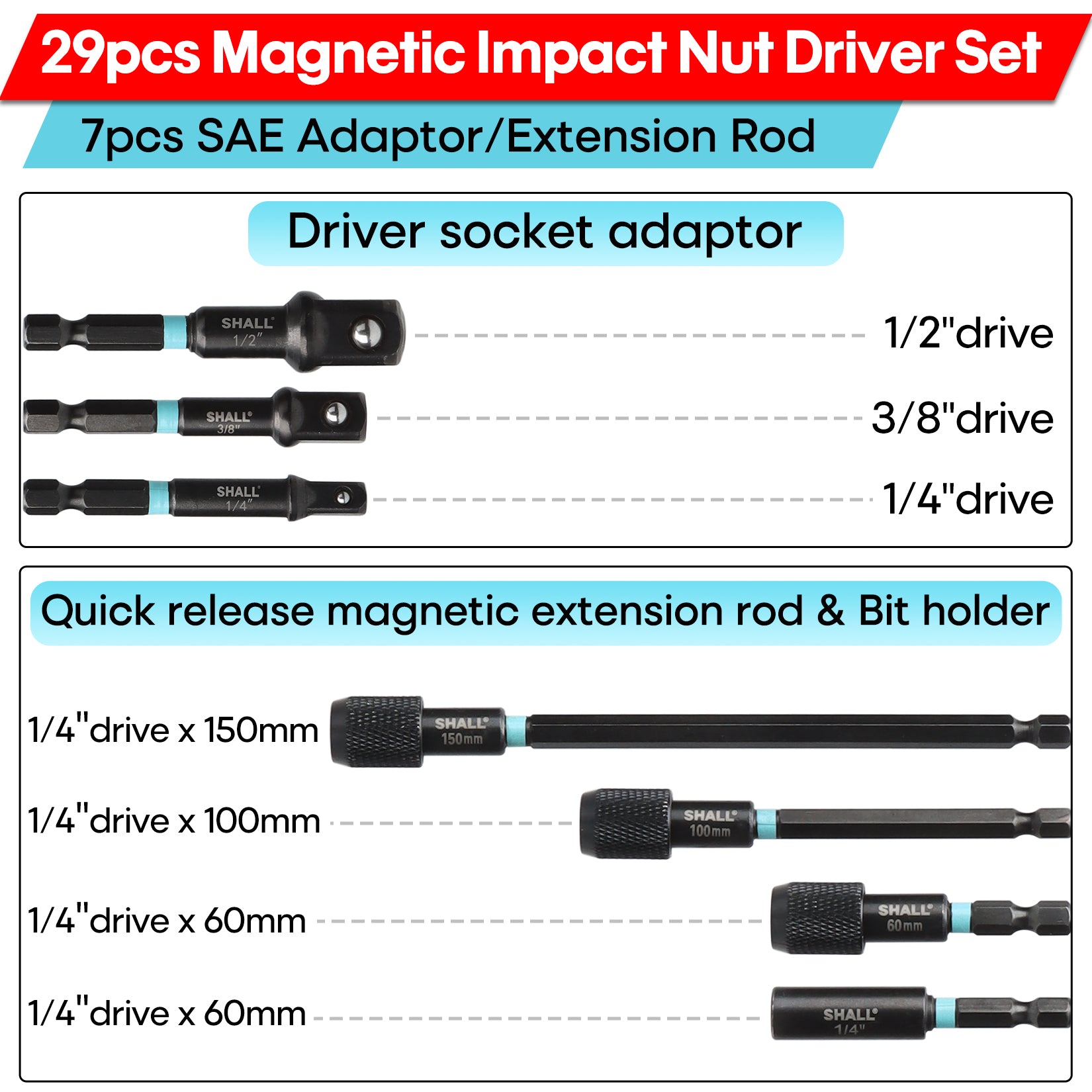 SHALL 29PCS Magnetic Nut Driver Set, Impact Drill Driver Bit 1/4" Hex Shank, SAE & Metric Cr-V Steel Power Nut Drivers with Quick-release Extensions, Impact Socket Adapters, Bit Holder and Storage Bag