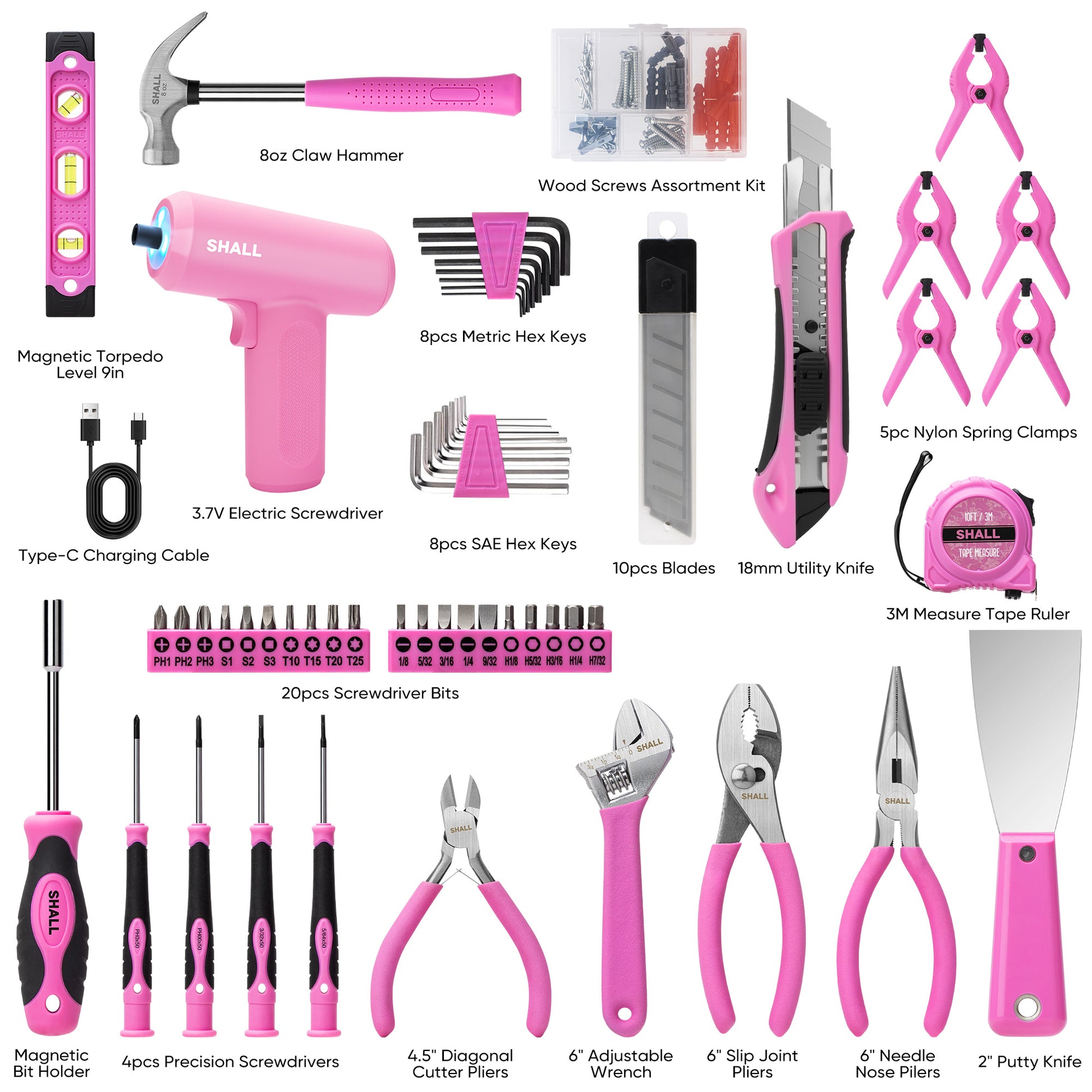 SHALL Pink Tool Set for Home, 168pcs Power Tool Set for Women with Electric Screwdriver & 14" Large Tool Bag Organizer