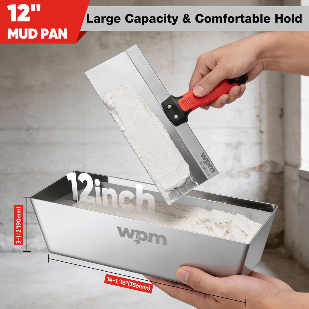 WPM Drywall Tool Kit, 7 Pcs Stainless Steel Set Includes Putty Knife, Taping Knife, Painter Scraper Tool & 12" Mud Pan for Joint Taping, Finishing, Patching