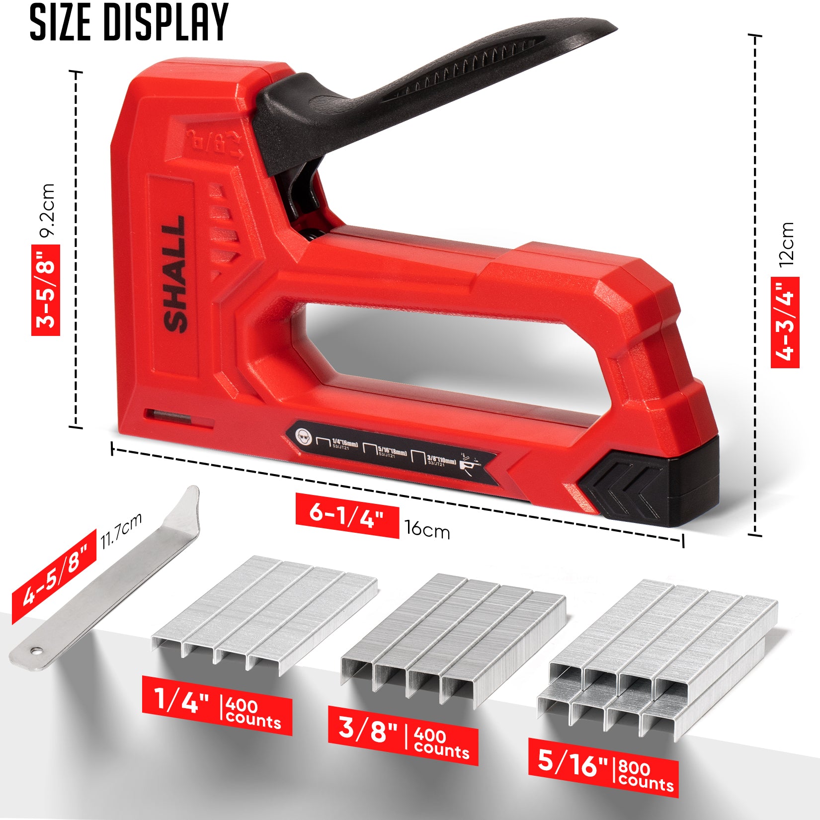 SHALL Light Duty Staple Gun for Wood - Red Upholstery Staple Gun with 1600pcs JT21 Staples 1/4, 5/16, 3/8 inch and Staple Remover - Fabric Stapler Gun for Crafts, DIY, Decoration