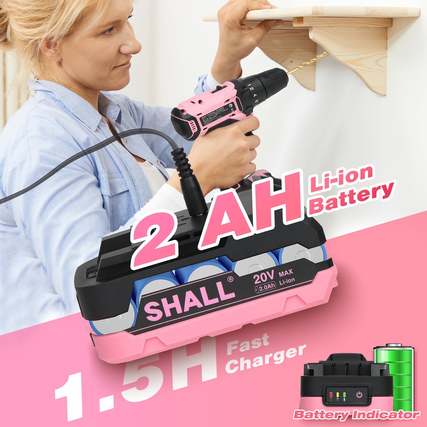 SHALL 20V Cordless Drill Set, Power Drill Cordless, Pink Electric Drill with 34pcs Drill Bit Set