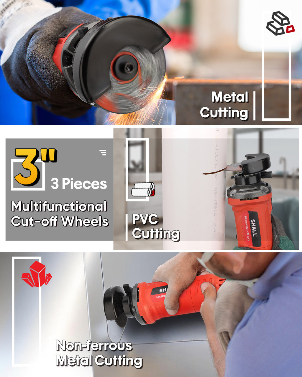 SHALL 3 Inch High-Speed Cut Off Tool, 3.5 Amp Metal Cutter Tool with 3Pcs Multifunctional Cut Off Wheels, 24000RPM Electricl Metal Cutting Tools for Steel, Inox, PVC