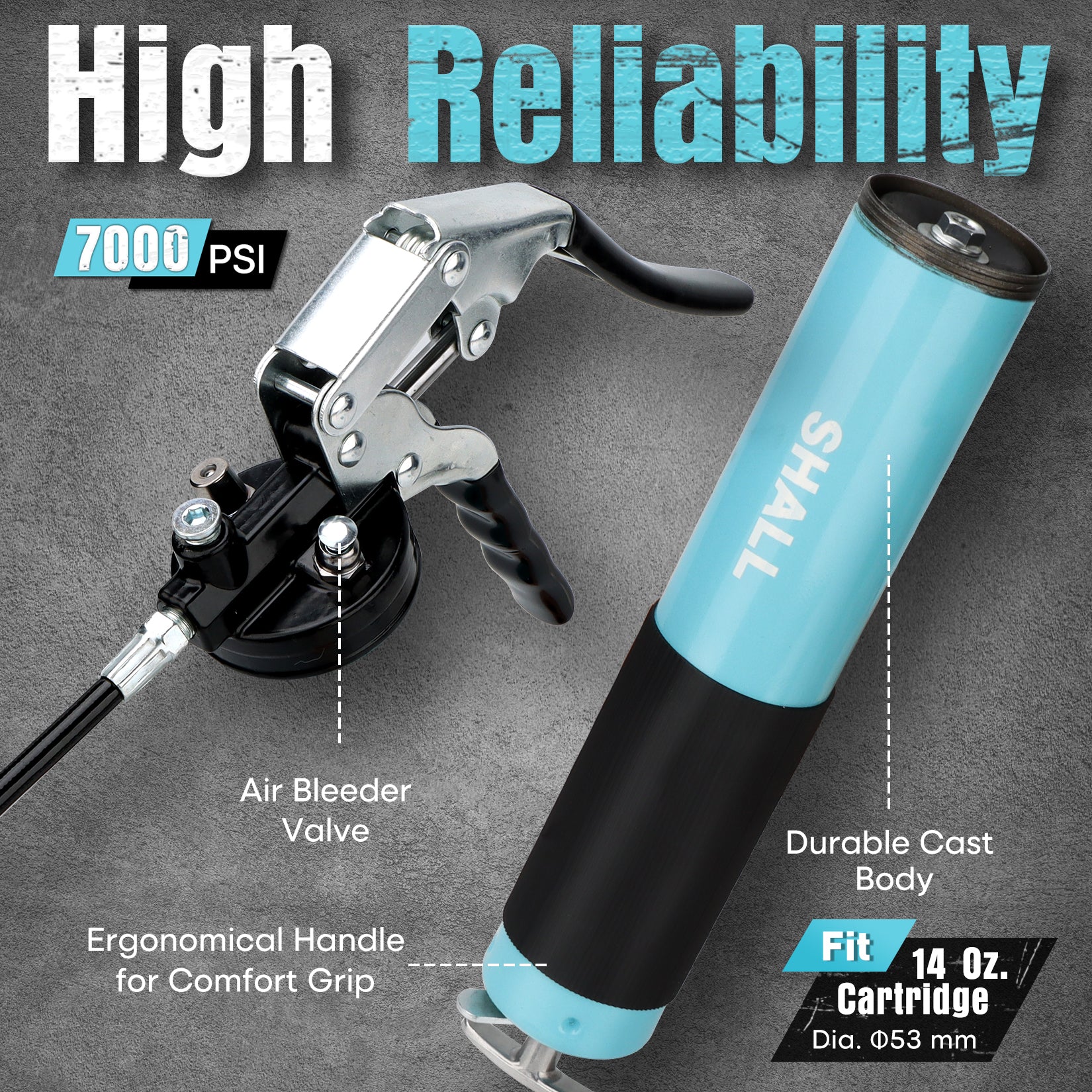 SHALL Grease Gun, 7000 PSI Heavy Duty Pistol Grip Grease Gun Kit w/Grease Gun Coupler, 18” Spring Flex Hose, Reinforced Coupler, 2 Extension Rigid Pipe, Sharp Nozzle, Fittings Cleaner | 14oz Load