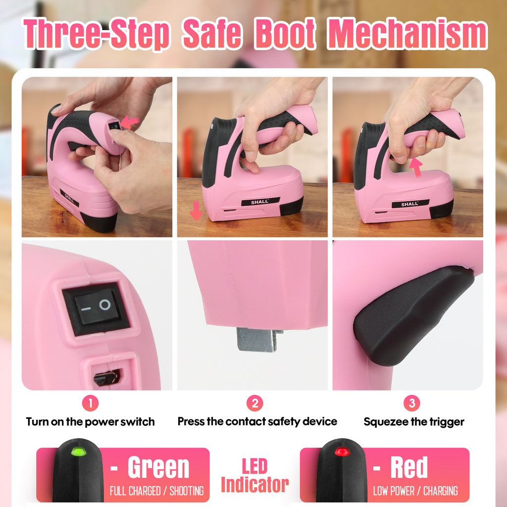 SHALL Pink Electric Staple Gun, 2 in 1 Cordless Upholstery Stapler Nail Gun for Wood, 4V Rechargeable Brad Nailer Kit w/ 2500 Staples Nails, Staple Remover & Fast Charger for Crafts, DIY, Decoration