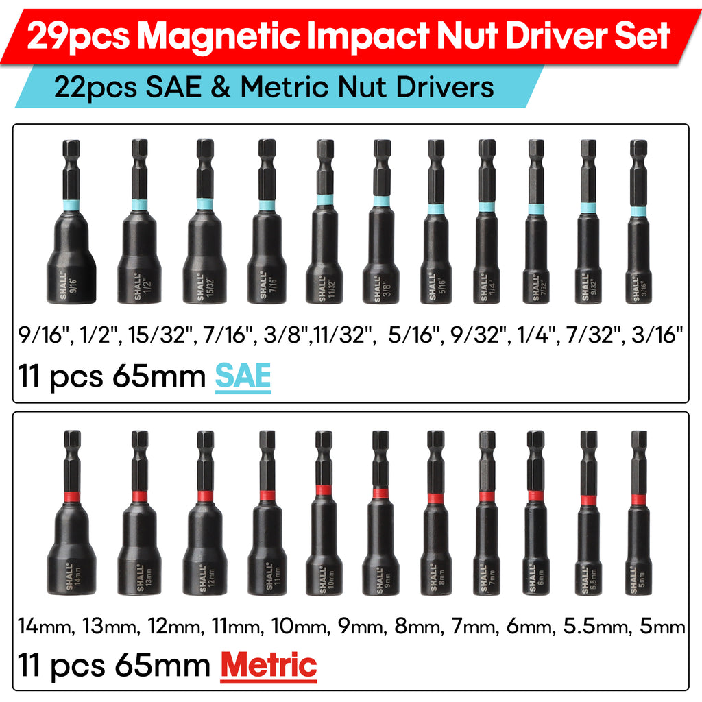 SHALL 29PCS Magnetic Nut Driver Set, Impact Drill Driver Bit 1/4" Hex Shank, SAE & Metric Cr-V Steel Power Nut Drivers with Quick-release Extensions, Impact Socket Adapters, Bit Holder and Storage Bag