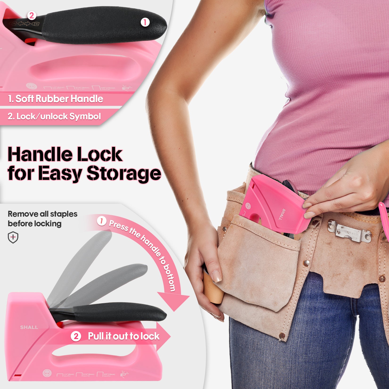 SHALL Light Duty Staple Gun for Wood - Pink Upholstery Staple Gun with 1600pcs JT21 Staples 1/4, 5/16, 3/8 inch and Staple Remover - Women Staple Gun for Crafts, Fabric Stapler Gun for DIY, Decoration