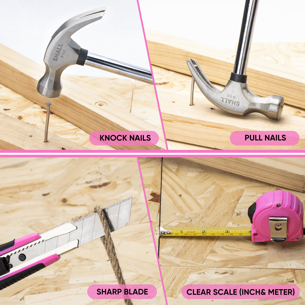 SHALL Pink Tool Set for Women, 166pcs Home Tool Kit with 12" Large Tool Bag Organizer